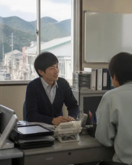 地方の中小企業のオフィスで、同僚と話しながら働く社員