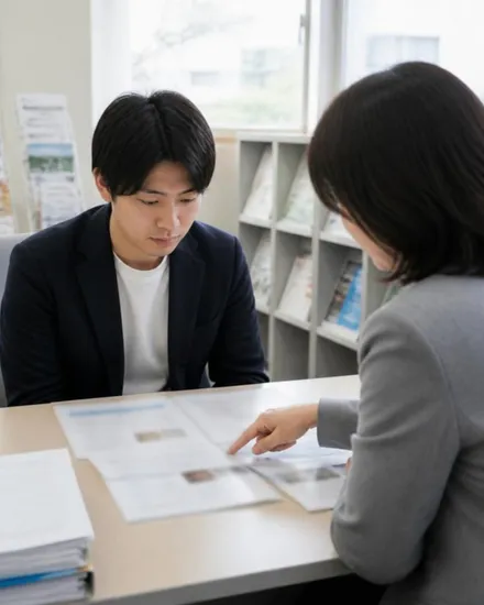 大学のキャリアセンターで職員に相談する学生