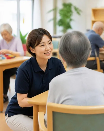 デイサービスで利用者と話す介護職員