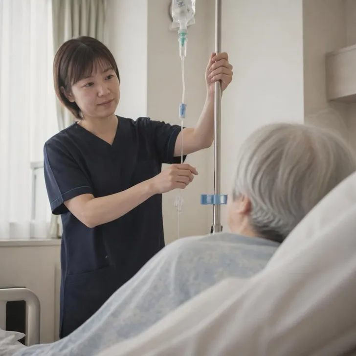 療養型病院の病棟で、患者さんに声をかける看護師の場面(イメージ)