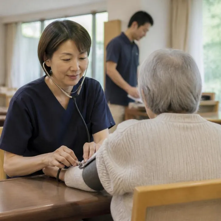介護施設で、入居者さんの健康状態を確認する看護師の場面(イメージ)
