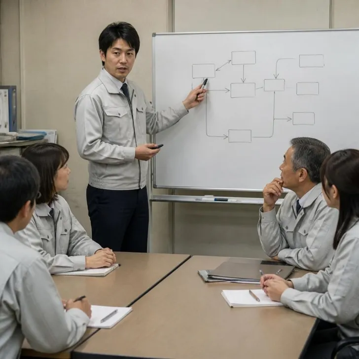 小さな会社で会議を進める管理職の場面(イメージ)