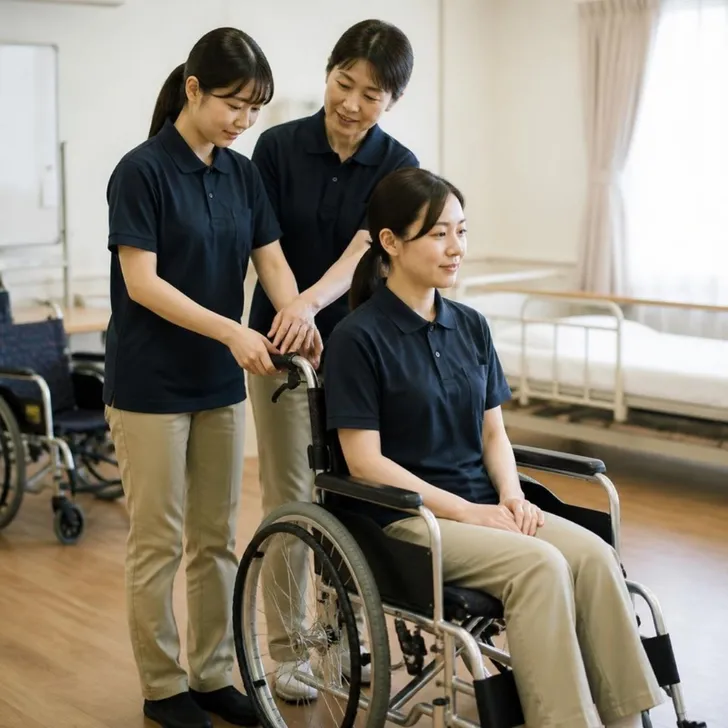 先輩職員から介助の方法を教わる場面(イメージ)