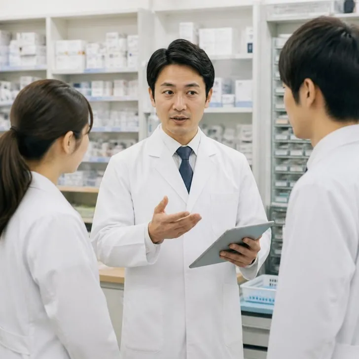薬局で在庫と書類を確認する管理薬剤師の場面(イメージ)