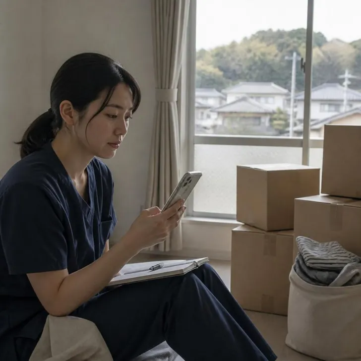 引っ越しの準備をしながら、転職先を調べる看護師の場面(イメージ)