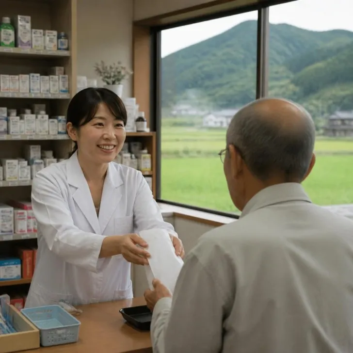 地方の調剤薬局で患者さんと話す薬剤師の場面(イメージ)